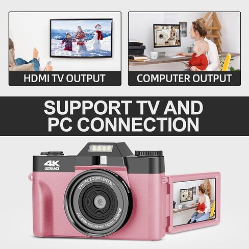 Vlogging Digital Camera with 180° Flip Screen, WiFi, Pink Color, Macro & Wide Angle Lens, App Control, External Microphones, 16X Zoom, 32GB TF Card - Camera for Photography, Vlogging, YouTube in Saudi Arabia