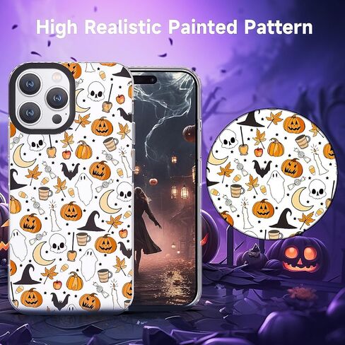 حافظة هاتف Halloween متوافقة مع iPhone 15 Pro Max، نمط مكنسة اليقطين شبح جمجمة الخفافيش مصممة مضادة للأصفر وناعمة من مادة TPU + إطار كاميرا أسود لحماية غطاء ممتص الصدمات مقاوم للانزلاق in Kuwait