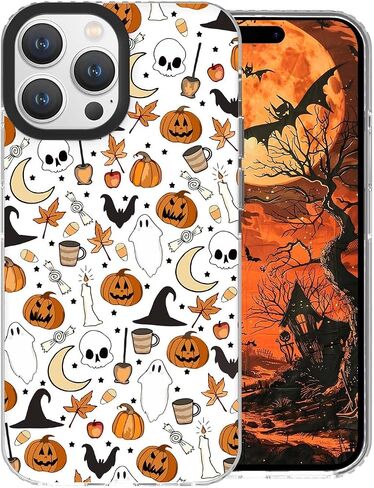 حافظة هاتف Halloween متوافقة مع iPhone 15 Pro Max، نمط مكنسة اليقطين شبح جمجمة الخفافيش مصممة مضادة للأصفر وناعمة من مادة TPU + إطار كاميرا أسود لحماية غطاء ممتص الصدمات مقاوم للانزلاق in Kuwait