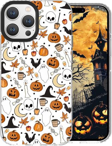 حافظة هاتف Halloween متوافقة مع iPhone 15 Pro Max، نمط مكنسة اليقطين شبح جمجمة الخفافيش مصممة مضادة للأصفر وناعمة من مادة TPU + إطار كاميرا أسود لحماية غطاء ممتص الصدمات مقاوم للانزلاق in Kuwait