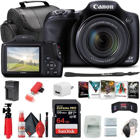 كاميرا Canon PowerShot SX530 HS الرقمية (9779B001)، بطاقة ذاكرة سعة 64 جيجابايت، بطارية NB-6L، برنامج صور Corel، شاحن، قارئ بطاقات، حقيبة ناعمة فاخرة، حامل ثلاثي القوائم مرن، حزام يد + المزيد (متجدد) in Saudi Arabia
