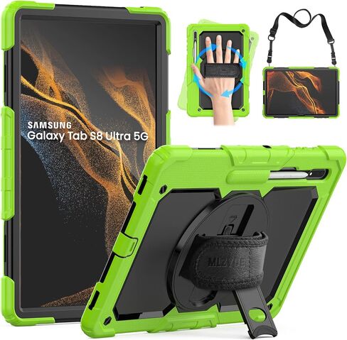 Case for Samsung Galaxy Tab S8 Ultra/S9 Ultra 14.6 Inch, 3-Layer Rugged Military Grade Shockproof Case for Tab S8 Ultra/S9 Ultra with 360° Swivel Handle, S-Pen Holder, Shoulder Strap, Black in Saudi Arabia