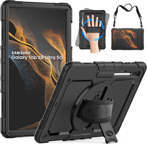 Case for Samsung Galaxy Tab S8 Ultra/S9 Ultra 14.6 Inch, 3-Layer Rugged Military Grade Shockproof Case for Tab S8 Ultra/S9 Ultra with 360° Swivel Handle, S-Pen Holder, Shoulder Strap, Black in Saudi Arabia