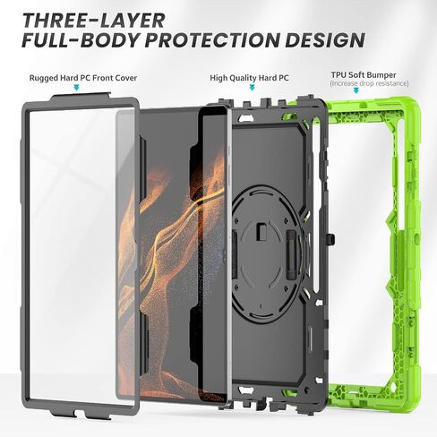Case for Samsung Galaxy Tab S8 Ultra/S9 Ultra 14.6 Inch, 3-Layer Rugged Military Grade Shockproof Case for Tab S8 Ultra/S9 Ultra with 360° Swivel Handle, S-Pen Holder, Shoulder Strap, Black in Saudi Arabia