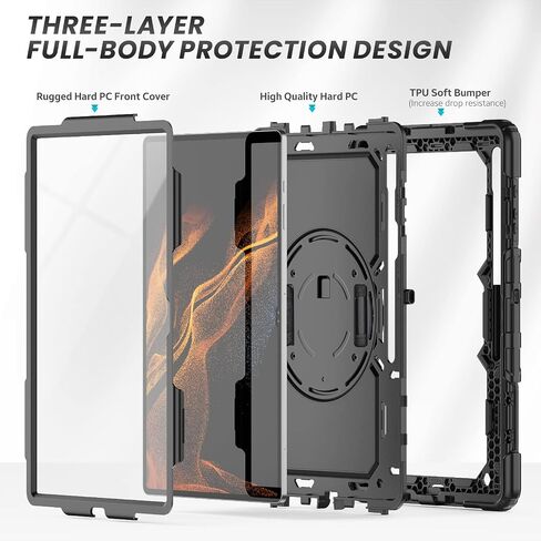 Case for Samsung Galaxy Tab S8 Ultra/S9 Ultra 14.6 Inch, 3-Layer Rugged Military Grade Shockproof Case for Tab S8 Ultra/S9 Ultra with 360° Swivel Handle, S-Pen Holder, Shoulder Strap, Black in Saudi Arabia