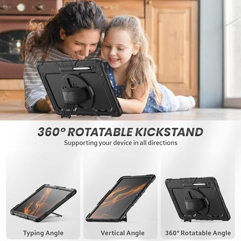 Case for Samsung Galaxy Tab S8 Ultra/S9 Ultra 14.6 Inch, 3-Layer Rugged Military Grade Shockproof Case for Tab S8 Ultra/S9 Ultra with 360° Swivel Handle, S-Pen Holder, Shoulder Strap, Black in Saudi Arabia