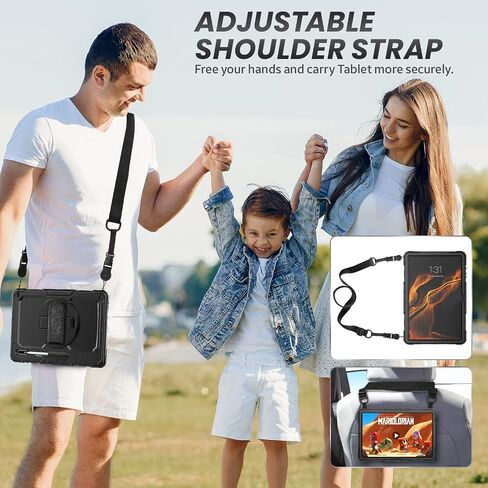 Case for Samsung Galaxy Tab S8 Ultra/S9 Ultra 14.6 Inch, 3-Layer Rugged Military Grade Shockproof Case for Tab S8 Ultra/S9 Ultra with 360° Swivel Handle, S-Pen Holder, Shoulder Strap, Black in Saudi Arabia