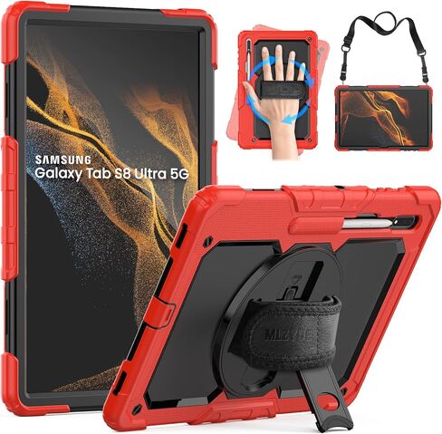 Case for Samsung Galaxy Tab S8 Ultra/S9 Ultra 14.6 Inch, 3-Layer Rugged Military Grade Shockproof Case for Tab S8 Ultra/S9 Ultra with 360° Swivel Handle, S-Pen Holder, Shoulder Strap, Black in Saudi Arabia