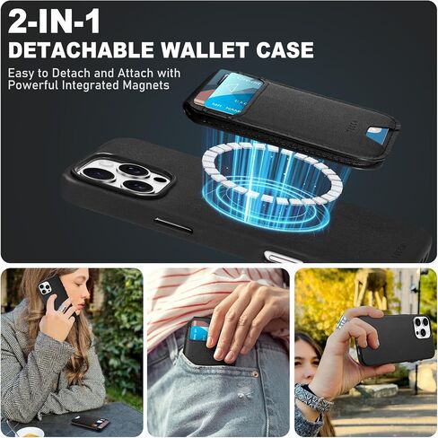 TUCCH 3-in-1 Magnetic Case for iPhone 16 Pro Max with Removable Wallet, 5 Card Holder Stand Wireless Charging Anti-Slip RFID Blocking PU Leather Cover Compatible with iPhone 16 Pro Max, Black in Saudi Arabia