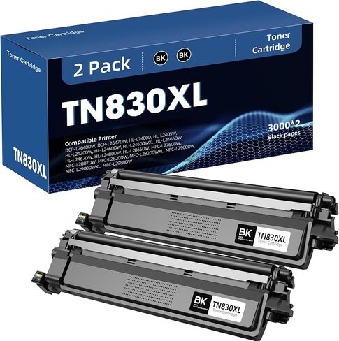 خرطوشة حبر بديلة TN830XL ​​لـ Brother TN830 TN-830 TN830 XL TN-830XL ​​عالية الإنتاجية للاستخدام مع HL-L2460DW HL-L2405W HL-L2400D HL-L2460DWXL HL-L2865DW (أسود، عبوتان) in Kuwait