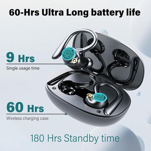 wireless earbuds workout earbuds over ear running headphones with ear hooks 60Hrs playtime LED power display, IPX7 waterproof earbuds for android 13MM bass premium sound gym headphones (Black) in Saudi Arabia
