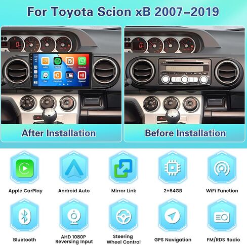 【لسيارة Toyota Scion xB 2007-2019】 ستيريو سيارة Fuluku 2+64G Android 13 مع وصلة مرآة تلقائية Carplay Android، راديو بشاشة لمس 9 بوصات WiFi/GPS/FM/RDS/Bluetooth/SWC/ميكروفون كاميرا احتياطية ليلية مقاومة للماء in Saudi Arabia