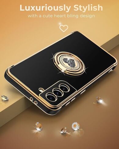 حافظة XYZ لهاتف Galaxy S21 مع حامل، حافظة لهاتف Samsung Galaxy S21 مع حلقة مزدوجة، حافظة هاتف واقية فاخرة للنساء والفتيات على شكل قلب لهاتف Samsung S21، أسود in Kuwait