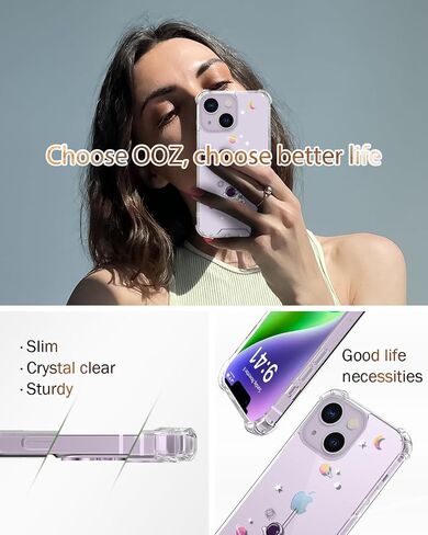 حافظة هاتف OOZ Crystal لهاتف iPhone 13(2021)/iPhone 14(2022) 6.1 بوصة، غطاء حماية شفاف لطيف، فراشة أرجوانية جذابة [غير صفراء] غطاء حماية ناعم مقاوم للصدمات للنساء والفتيات in Saudi Arabia