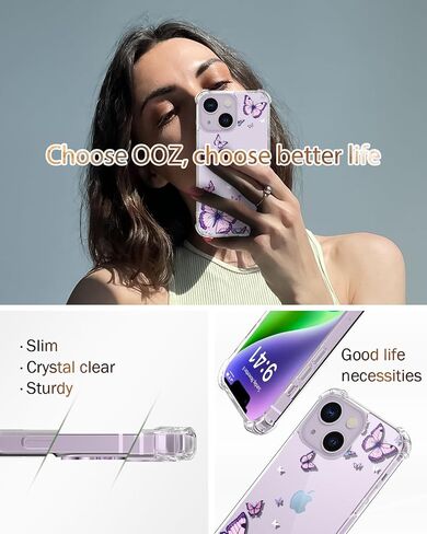 OOZ Crystal Phone Case for iPhone 13(2021)/iPhone 14(2022) 6.1", Cute Clear Protective Cover，Alluring Purple Butterfly [Not-Yellowing]Soft Shockproof Clear Phone Protective Case Cover for Women Girls in Saudi Arabia