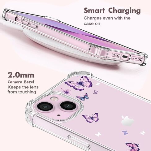OOZ Crystal Phone Case for iPhone 13(2021)/iPhone 14(2022) 6.1", Cute Clear Protective Cover，Alluring Purple Butterfly [Not-Yellowing]Soft Shockproof Clear Phone Protective Case Cover for Women Girls in Saudi Arabia
