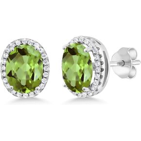 Gem Stone King 925 Sterling Silver Green Peridot Halo Earrings For Women (4.08 Cttw, Gemstone Birthstone, Oval 9X7MM)