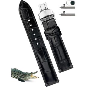 vinacreations 20mm Black Alligator Belly Leather Watch Band Deployment Clasp Men Quick Release Crocodile Exotic Replacement Wristwatch Strap Premium Handmade DH-01D-S-20MM