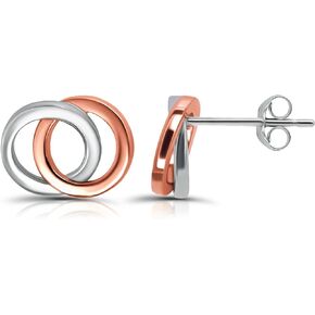 Hoops & Loops 925 Sterling Silver Double Interlocking Circles Dainty Polished Stud Earrings for Women and Teen Girls