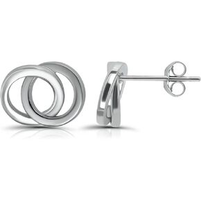Hoops & Loops 925 Sterling Silver Double Interlocking Circles Dainty Polished Stud Earrings for Women and Teen Girls