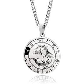 Zodiac Constellation Pendant Necklace Stainless Steel Round Disc Zodiac Sign Necklace for Women Men Birthday Gift Jewelry
