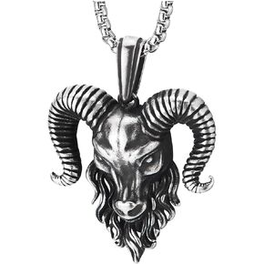 COOLSTEELANDBEYOND Mens Steel Goat Head Pendant Necklace, Vintage Big Horn Aries Ram Goat Head, 30 Inches Wheat Chain