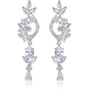 CZ Bridal Earrings for Wedding - 14k Plated Sterling Silver Elegant Teardrop Cubic Zirconia Crystal Rhinestone Floarl Leaf Cluster Chandelier Statement Dangle Drop Earrings for Bride Bridesmaids Party