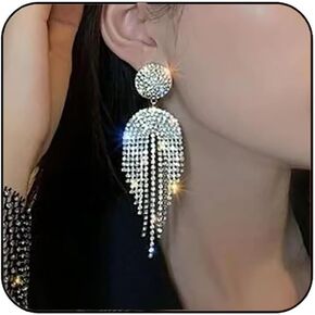 Jeairts Rhinestone Earrings Dangling Silver Clear Chandelier Earrings Crystal Tassel Prom Earrings Sparkly Party Wedding Jewelry for Women and Girls, Rhinestone, Rhinestone in Kuwait