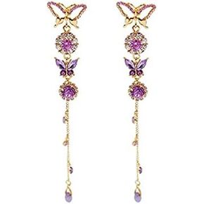 fxmimior Long Tassels Butterfly Earrings Dainty Silver Drop Earrings Statement Charm Earring Purple Rhinestones Crystals Body Jewelry for Women and Girls