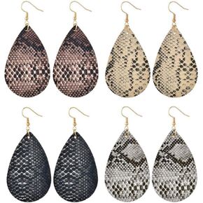 4 Pairs Bohemian Snakeskin Leather Earrings Set Retro Leopard Print Teardrop Earring Dainty Animal Python Print Drop Earrings for Women Girls Jewelry
