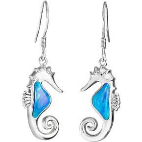 Sterling Silver Blue Opal Seahorse Dangle Earrings, Nickle Free Hypoallergenic for Sensitive Skin, Aloha Hawaii Ocean Sealife Jewelry for Women, Gift Box Included