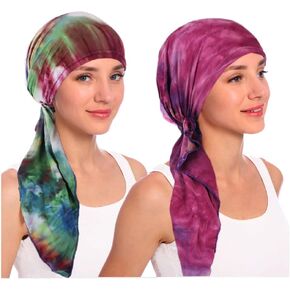 Urieo Tie Dye African Pre Tied Headscarf for Women Rose Red Head Scarfs Ponytail Beanies Head Wrap Set of 2
