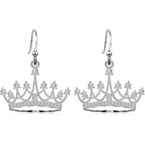 Sterling Silver Round Cubic Zirconia Crown Dangle Earrings for Women Queen Jewelry Mothers Day Gifts for Mom Valentines Christmas Birthday Jewelry Gifts for Wife Girlfriend Girls