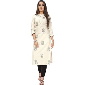 Rajnandini Women's Cotton Jaipuri Printed Straight Kurti (Ready to Wear Beige-P)