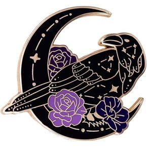 Ficsowy Crow Enamel Pin Gothic Style Celestial Symbols Moon & Rose Shaped Badge, Lapel Pin, Raven Moon Brooch for Women and Girls, Unisex Fashion Accessories