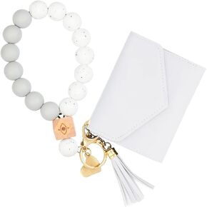 Manlosen Silicone Keyring Bracelet - Wrist Key Ring Beaded Wristband Keychain Holder with Leather Tassel and Pendants