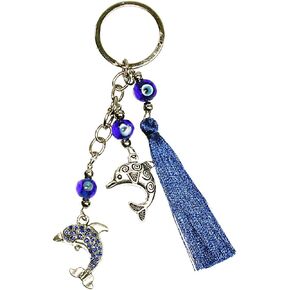 LUCKBOOSTIUM 2 Silver Dolphin and Blue Tassel Keychain w/3 Evil Eyes - Sign of Protection, Intelligence & Compassion - Home, Bags & Car Rear View Mirror Hanging Accessories (2" x 5")