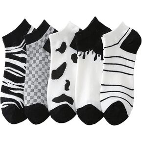 جوارب بطول الكاحل بنمط بقرة باللونين الاسود والابيض، جوارب قصيرة مخططة بنقشة مربعات غير ظاهرة للنساء والسيدات والفتيات، عبوة من 5 قطع in Kuwait