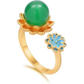 Zaycca Chinese Lotus Jade Rings for Women - Opening Adjustable Ethnic Ring