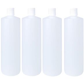 32oz 28/410 HDPE Plastic Cylinder Squeeze Bottles with Dispensing White Press Disc Top Caps, for Shampoo, Conditioner, Lotion, Any Liquid Products, Multi-Use Refillable Bottles (Pack of 4)