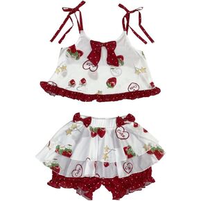 Jilneed Women's Cute Pajama Set Teens Lolita Kawaii Strawberry Print Cami Crop Top and Pj Shorts 2 Piece Sleepwear Pjs