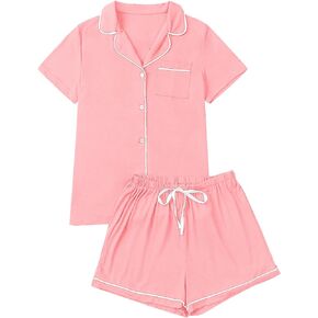 طقم بيجامة نسائي من Vrtige بأكمام قصيرة وأزرار سفلية مع شورت، طقم ملابس نوم من PJ Loungewear