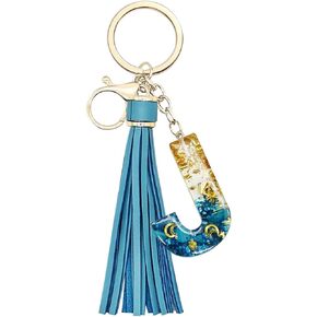 Blue Alphabet Initial Letter Keychain Charm Gold Glitter Pendant Tassel Key Ring for Purse Handbags Women Girl