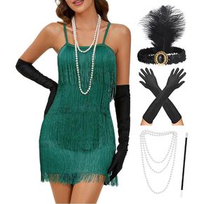 فستان نسائي فلابر هامشي 1920s Gatsby Roaring 20s أزياء فستان هامشي عتيق مع مجموعة إكسسوارات