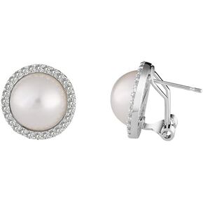 Silver Plated Brass CZ Halo 12mm Simulated Pearl Stud Earrings with English Lock