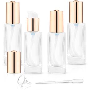 4 Pack 30ml/1oz Clear Glass Pump Bottle Empty Square Lotion Foundation Container Refillable Cosmetic Dispenser with Press Pump for Essence Emulsion Cleanser Body Cream - Golden Lid