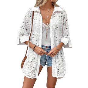 Verdusa Women's Boho Hollow Out Short Sleeve Loose Kimono Summer Beach Cover Up