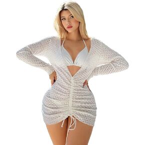 WDIRARA Women's 3 Piece Swimsuits Drawstring Ruched Halter Triangle Bikini Set Beach Bathing Suit with Crochet Cover Up