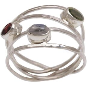 NOVICA Artisan Handmade Multigemstone Ring Unique .925 Sterling Silver from Bali Clear Green Multicolor Red Indonesia Birthstone 'Brilliant Majesty'