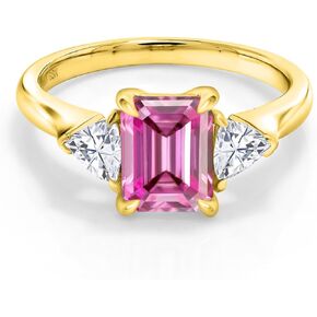 Gem Stone King 18K Yellow Gold Plated Silver 3-Stone Ring Octagon Pink Moissanite and Moissanite (2.07 Cttw)